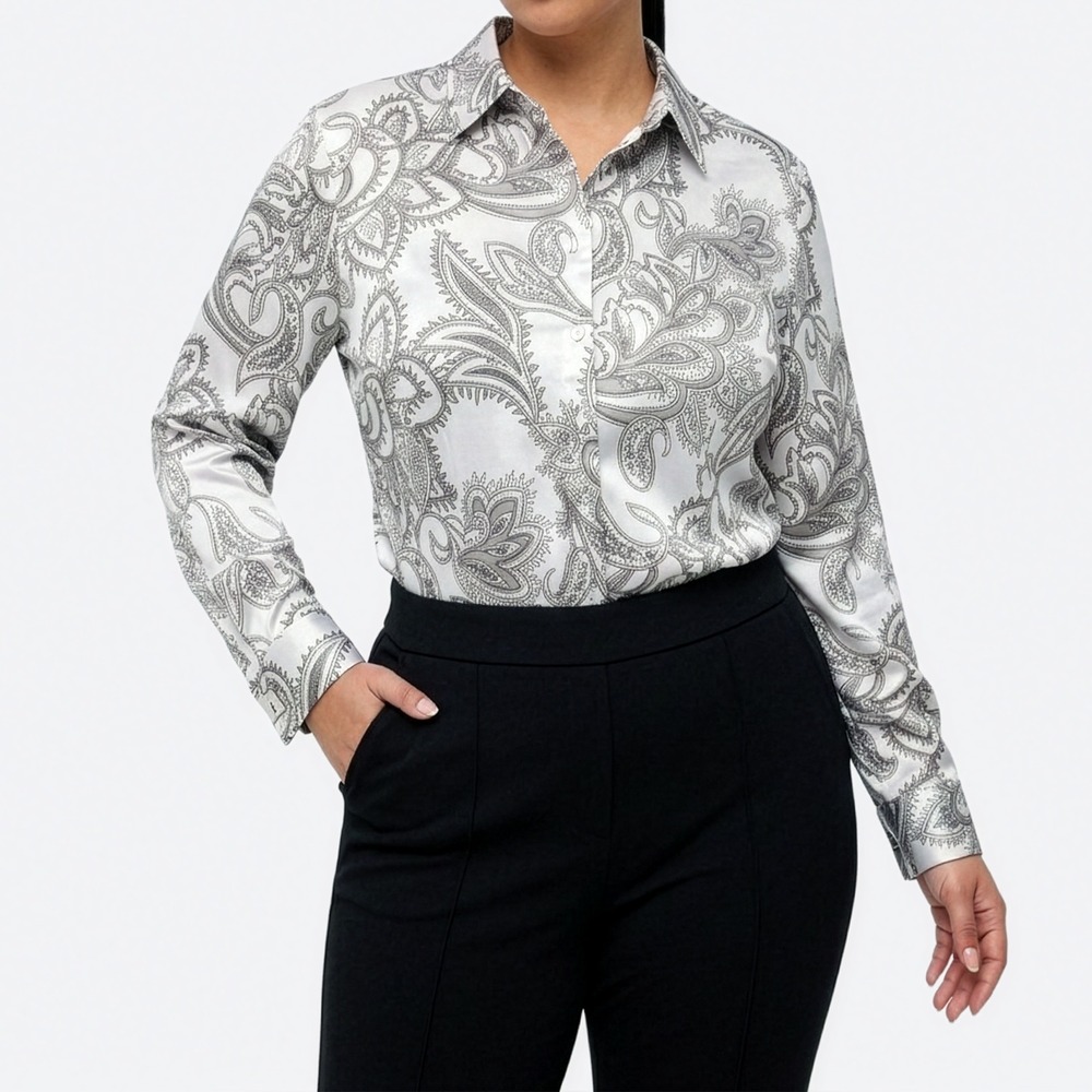 Hawes & Curtis Satin Paisley French Cuff Fitted Shirt White Gray 0X Large Chic
